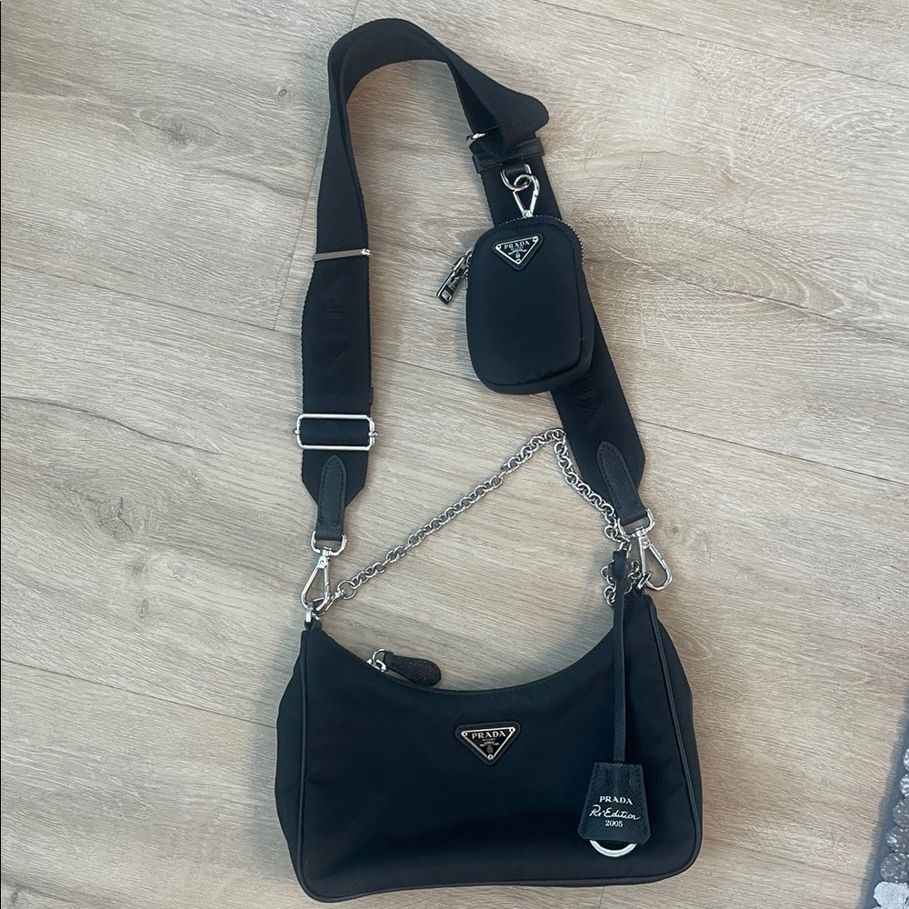Prada Black Nylon Re Edition 2005 Crossbody Bag with Silver Accents